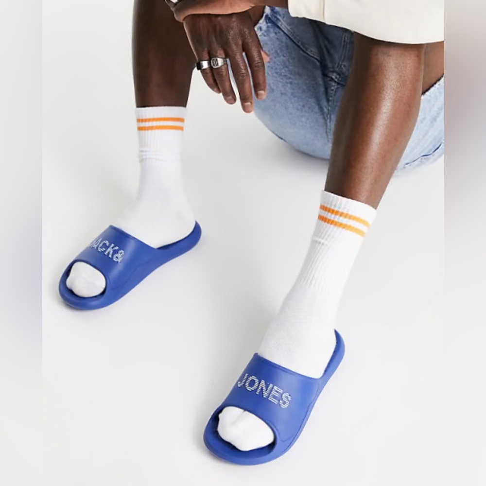 Jack & Jones Molded Logo Blue Casual Slide Sandals - Picture 3 of 9